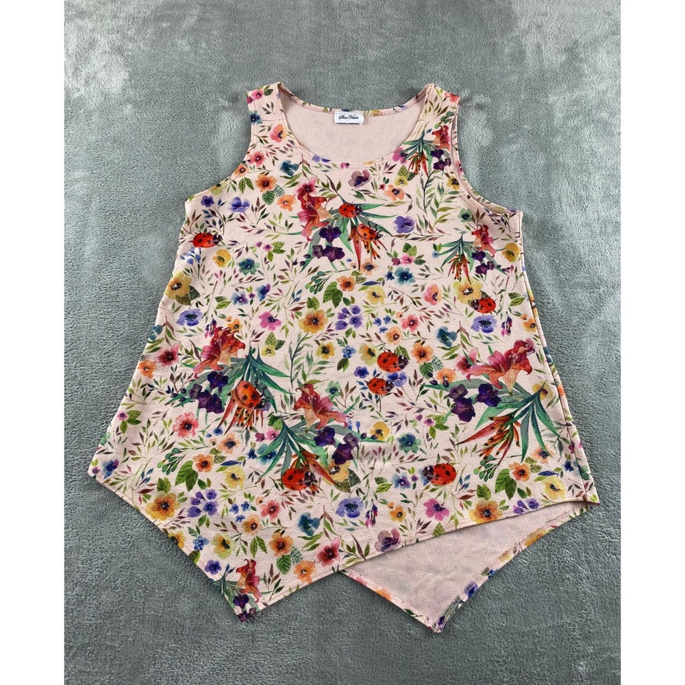 Star Vixen Womens XL Pink Floral Ladybug Print Sharkbite Hem Sleeveless Tank Top